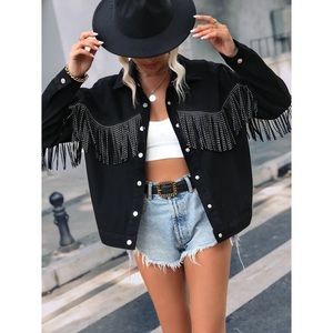 Siobhan Fringe Trim Drop Shoulder Denim Jacket